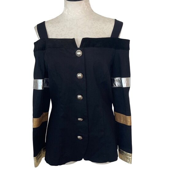 Cache Vintage Womens Shirt Size Large Black Open Top Trimed Stretch Casual - Picture 1 of 11